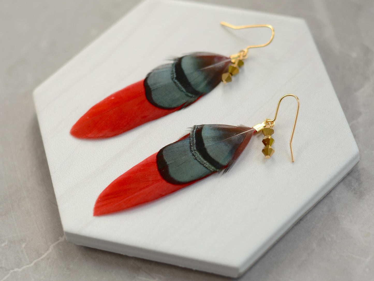 Red, Green and Gold Feather Earrings | Festival Earrings | Feather Jewellery | Festival Jewellery | Drop Earrings