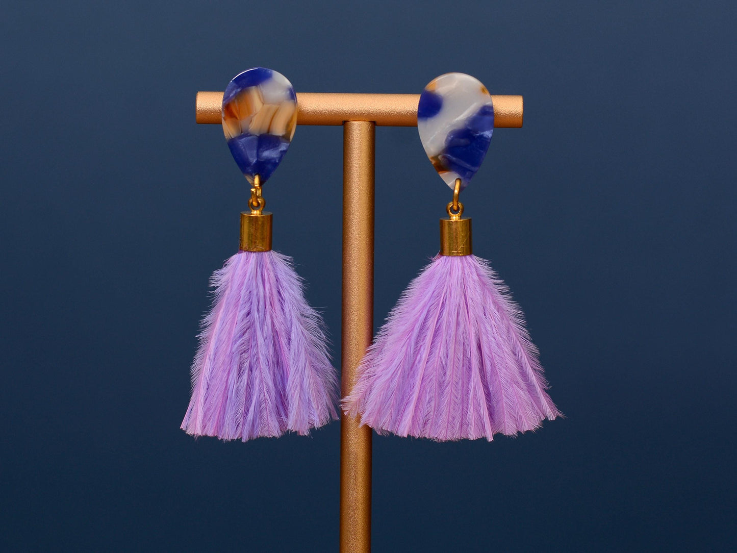 Statement Acetate Teardrop and Ostrich Feather Lilac Tassel Earrings