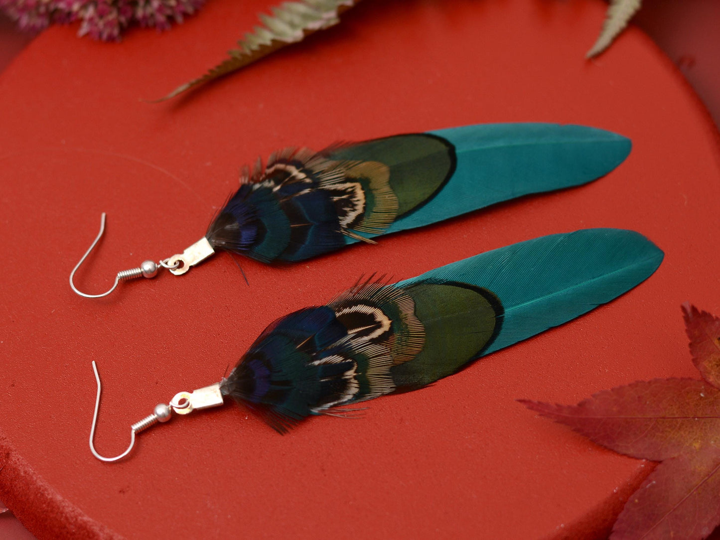 Teal, Navy Blue and Green Feather Earrings | Pheasant Feather Earrings | Festival Earrings | Feather Jewellery | Drop Earrings