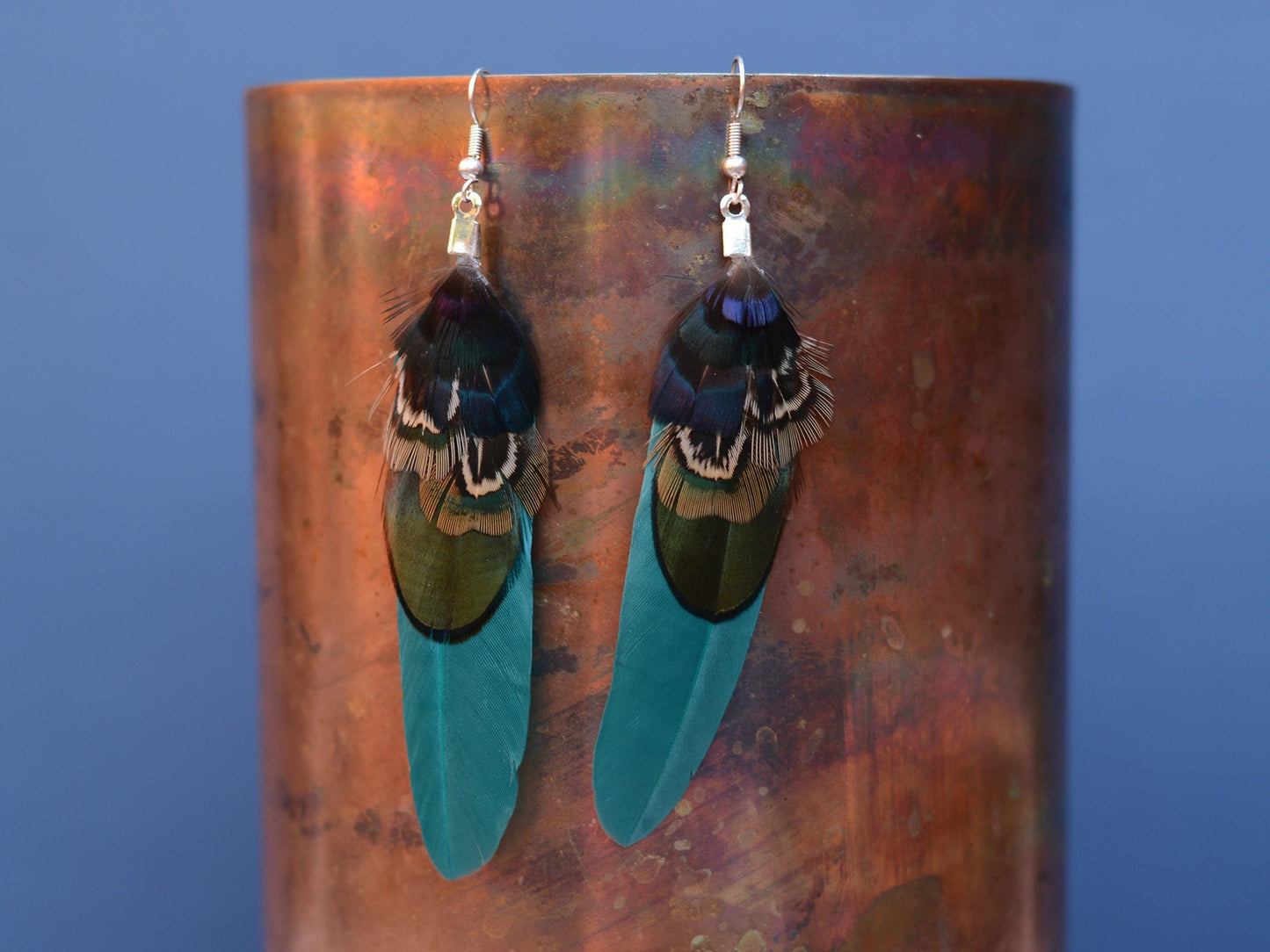 Teal, Navy Blue and Green Feather Earrings | Pheasant Feather Earrings | Festival Earrings | Feather Jewellery | Drop Earrings