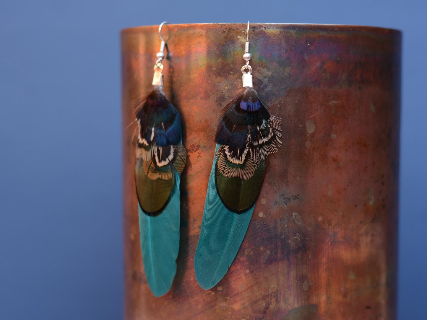Teal, Navy Blue and Green Feather Earrings | Pheasant Feather Earrings | Festival Earrings | Feather Jewellery | Drop Earrings