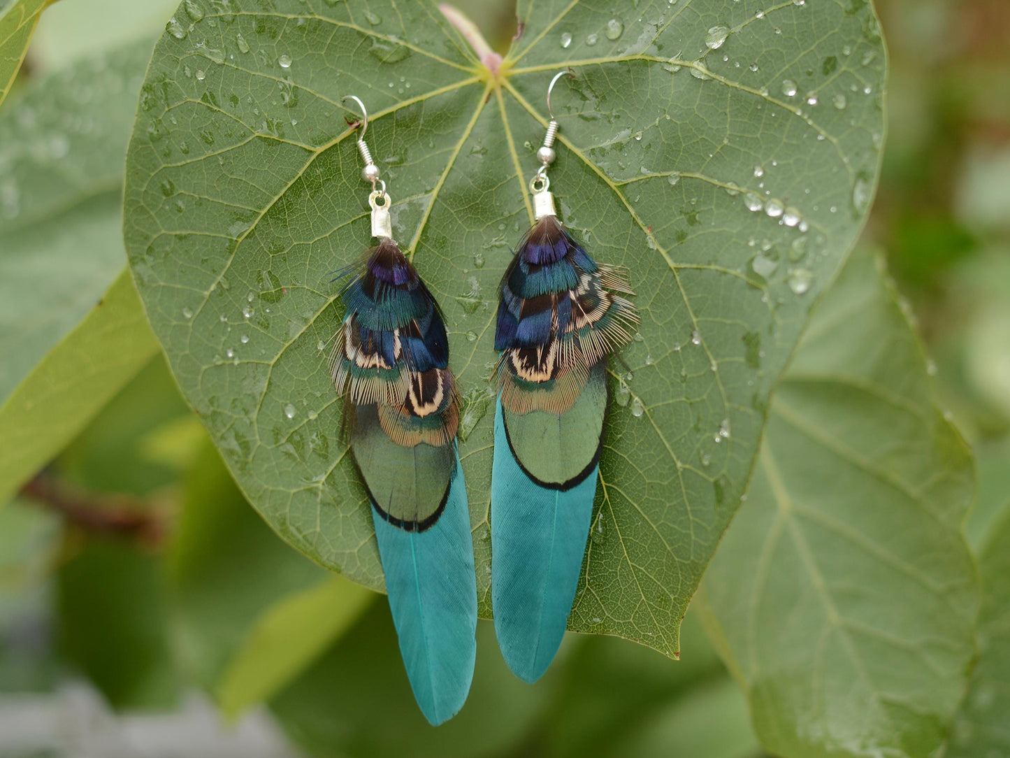 Teal, Navy Blue and Green Feather Earrings | Pheasant Feather Earrings | Festival Earrings | Feather Jewellery | Drop Earrings