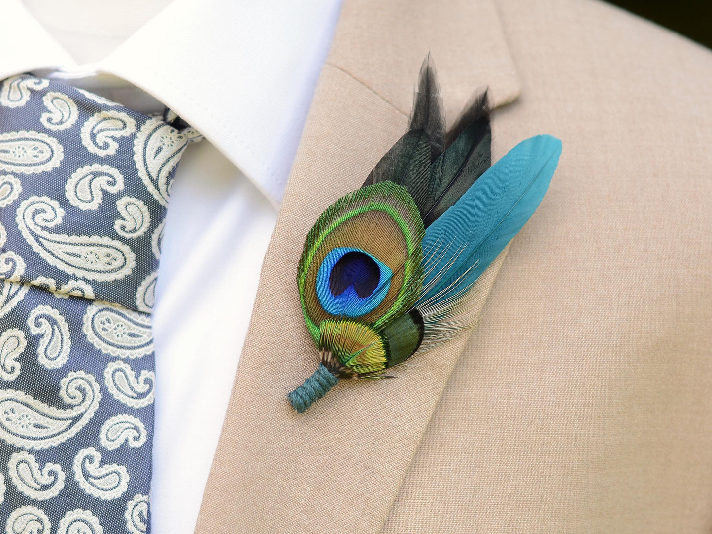 Teal and Peacock Feather Lapel Pin / Hat Pin | Peacock Feather Boutonniere | Peacock Feather Brooch