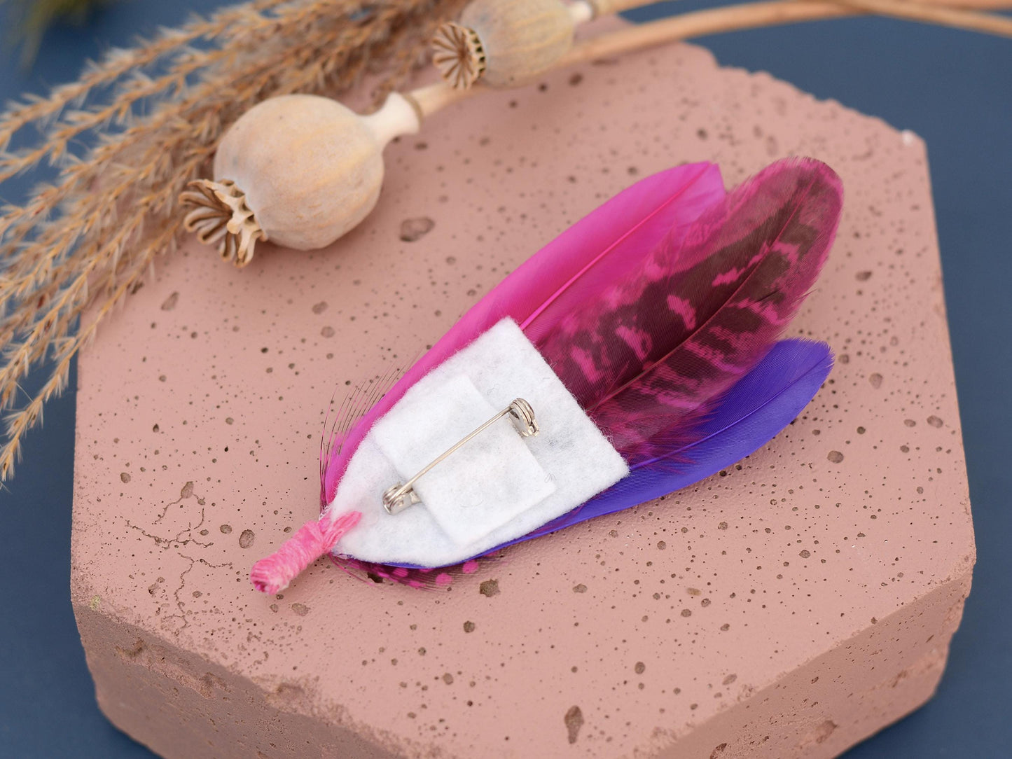 Shades of Pink and Purple Feather Boutonniere | Pheasant Feather Hat Pin | Feather Brooch