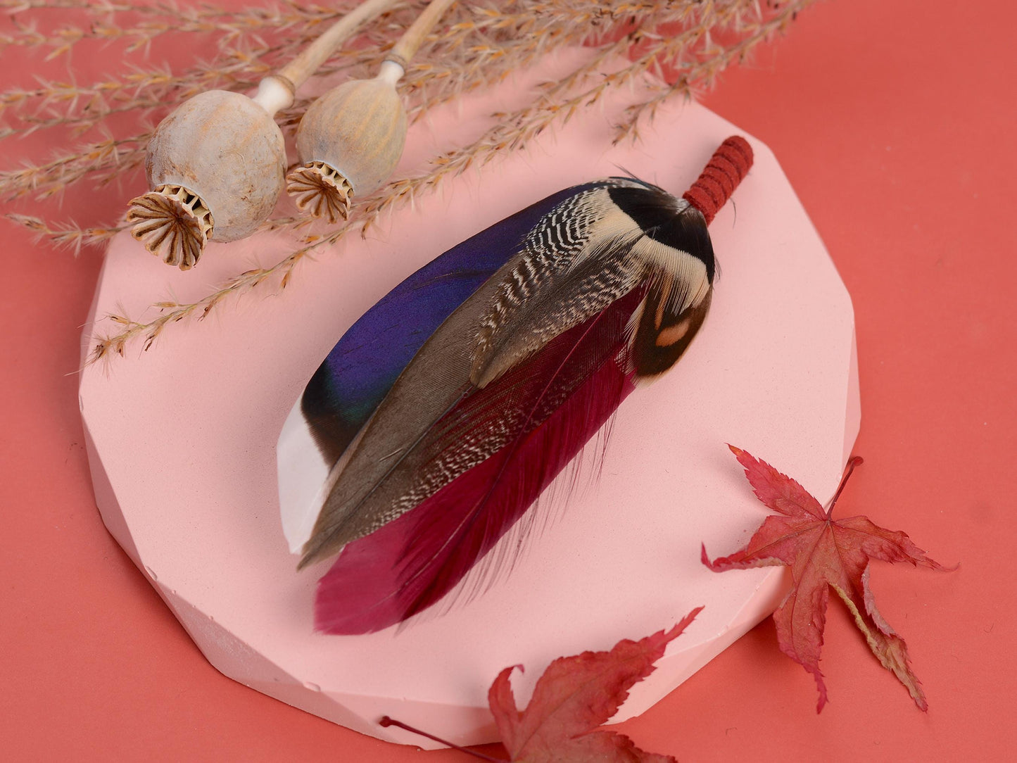 Burgundy and Navy Blue Duck Feather Lapel Pin | Duck Feather Boutonniere | Pheasant Feather Brooch | Feather Hat Pin