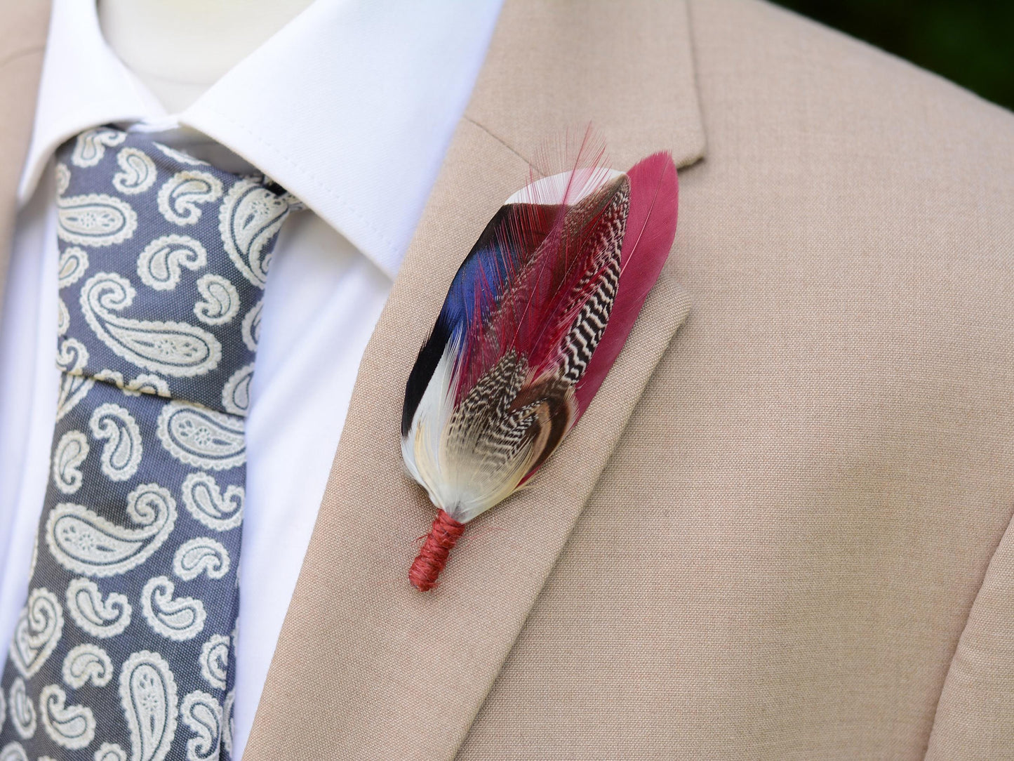 Burgundy and Navy Blue Duck Feather Lapel Pin | Duck Feather Boutonniere | Pheasant Feather Brooch | Feather Hat Pin