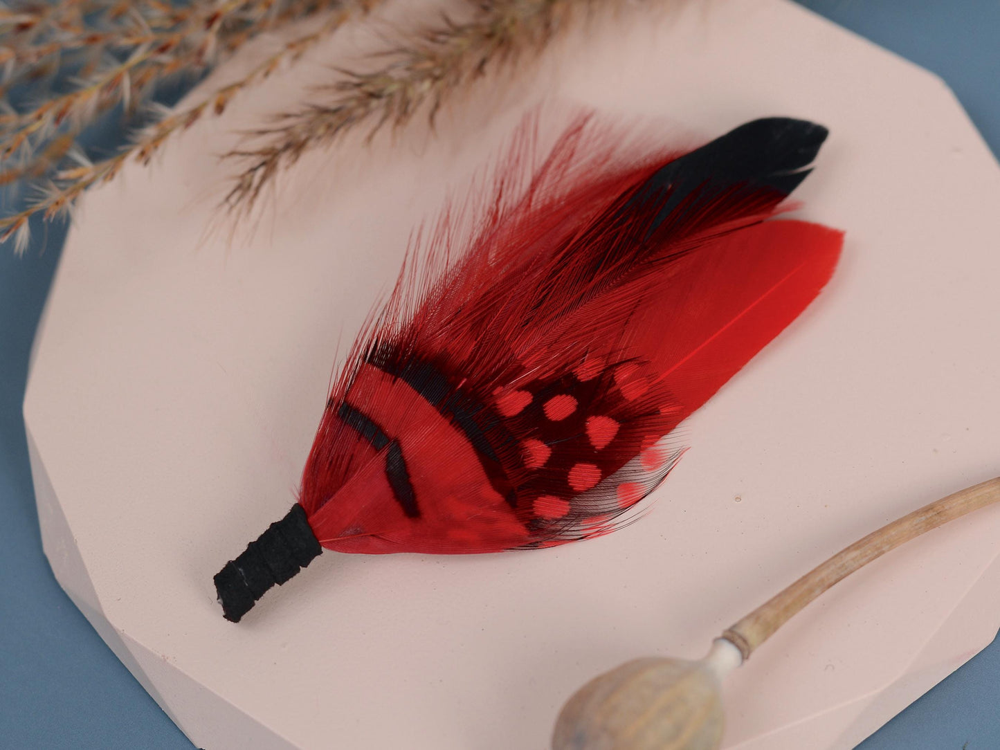 Black and Red Feather Lapel Pin | Duck Feather Boutonniere | Pheasant Feather Brooch | Feather Hat Pin