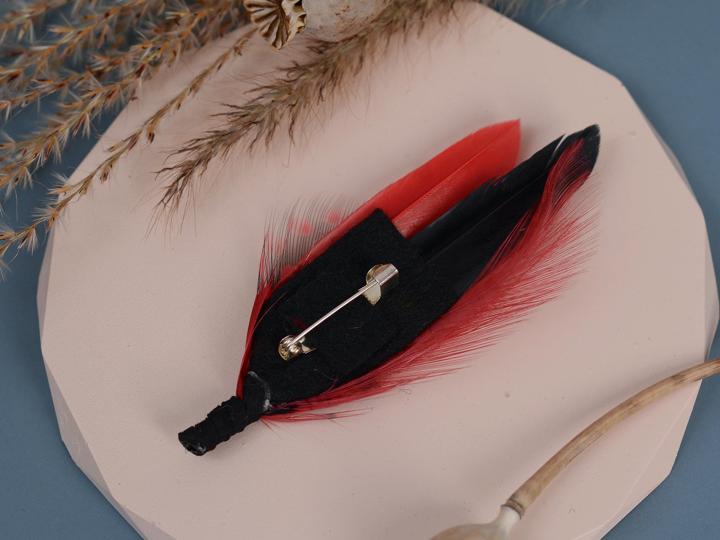 Black and Red Feather Lapel Pin | Duck Feather Boutonniere | Pheasant Feather Brooch | Feather Hat Pin
