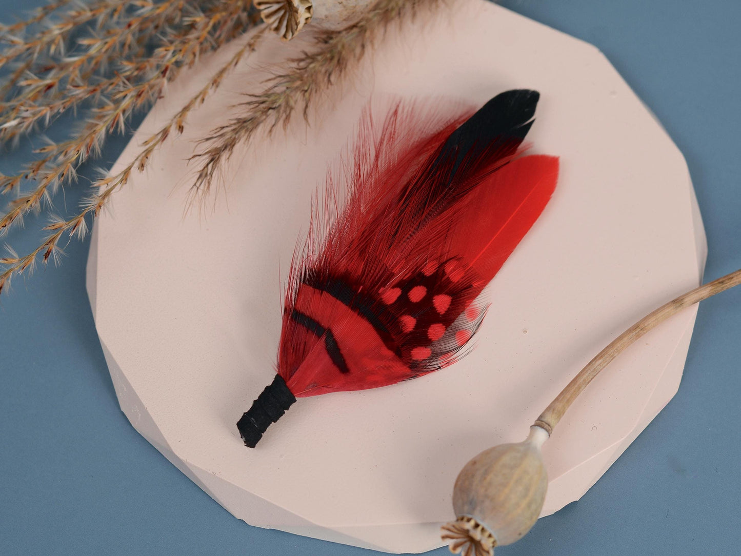 Black and Red Feather Lapel Pin | Duck Feather Boutonniere | Pheasant Feather Brooch | Feather Hat Pin