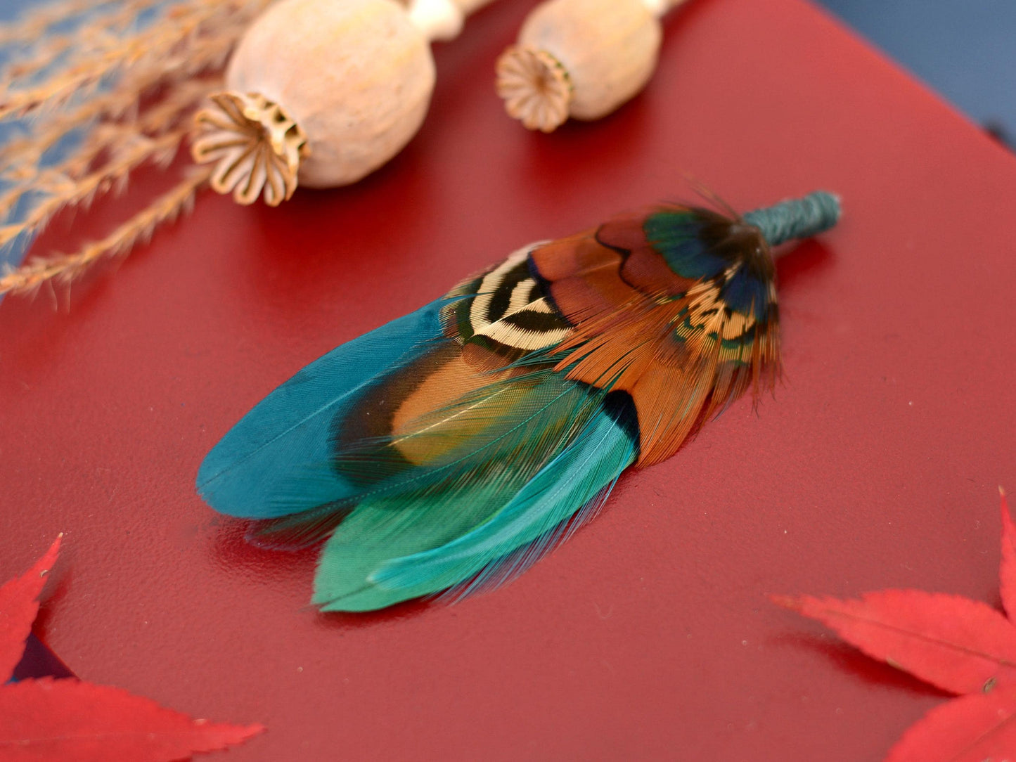 Teal and Copper Pheasant Feather Lapel Pin | Pheasant Feather Boutonniere | Pheasant Feather Brooch
