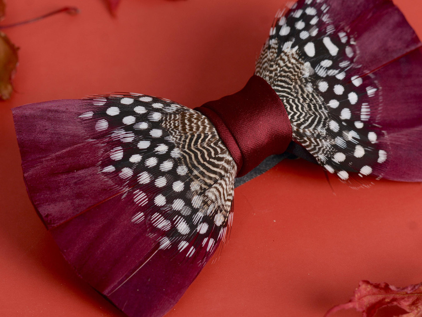Feather Bow Tie in Burgundy and Polka Dot | Grooms Outfit | Feather Neck Tie | Mens Gift | Black Tie | Wedding | Pheasant Feather Bow Tie