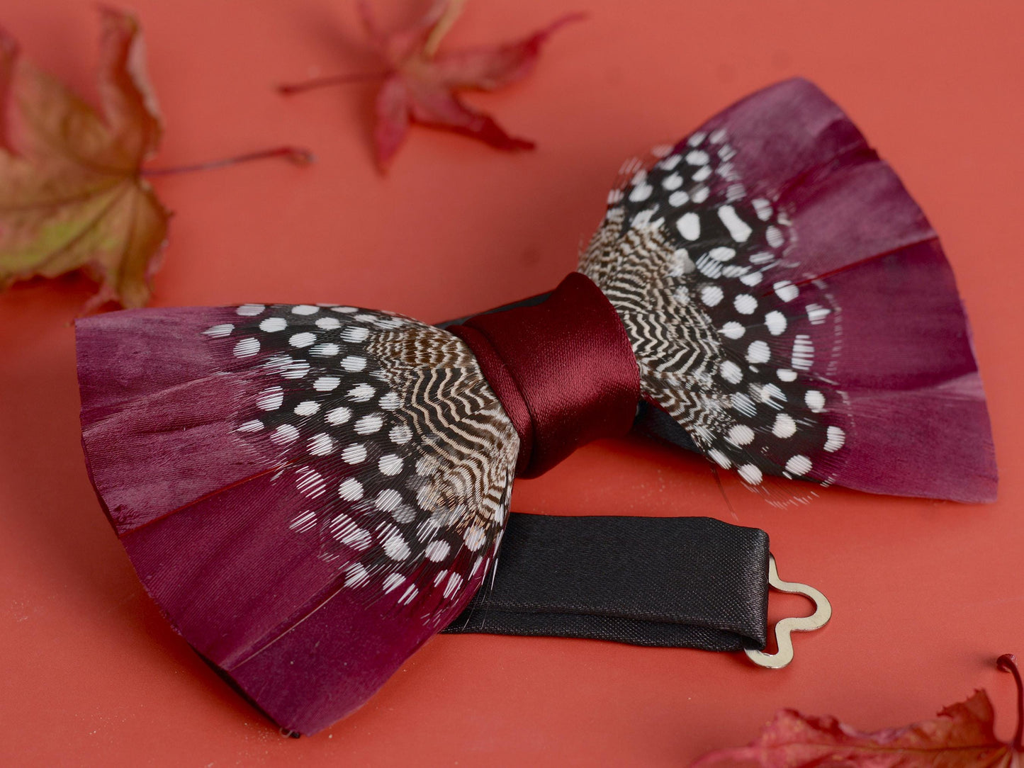 Feather Bow Tie in Burgundy and Polka Dot | Grooms Outfit | Feather Neck Tie | Mens Gift | Black Tie | Wedding | Pheasant Feather Bow Tie