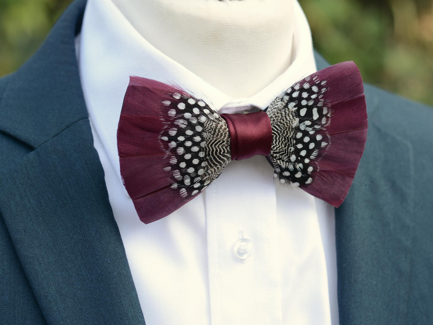 Feather Bow Tie in Burgundy and Polka Dot | Grooms Outfit | Feather Neck Tie | Mens Gift | Black Tie | Wedding | Pheasant Feather Bow Tie