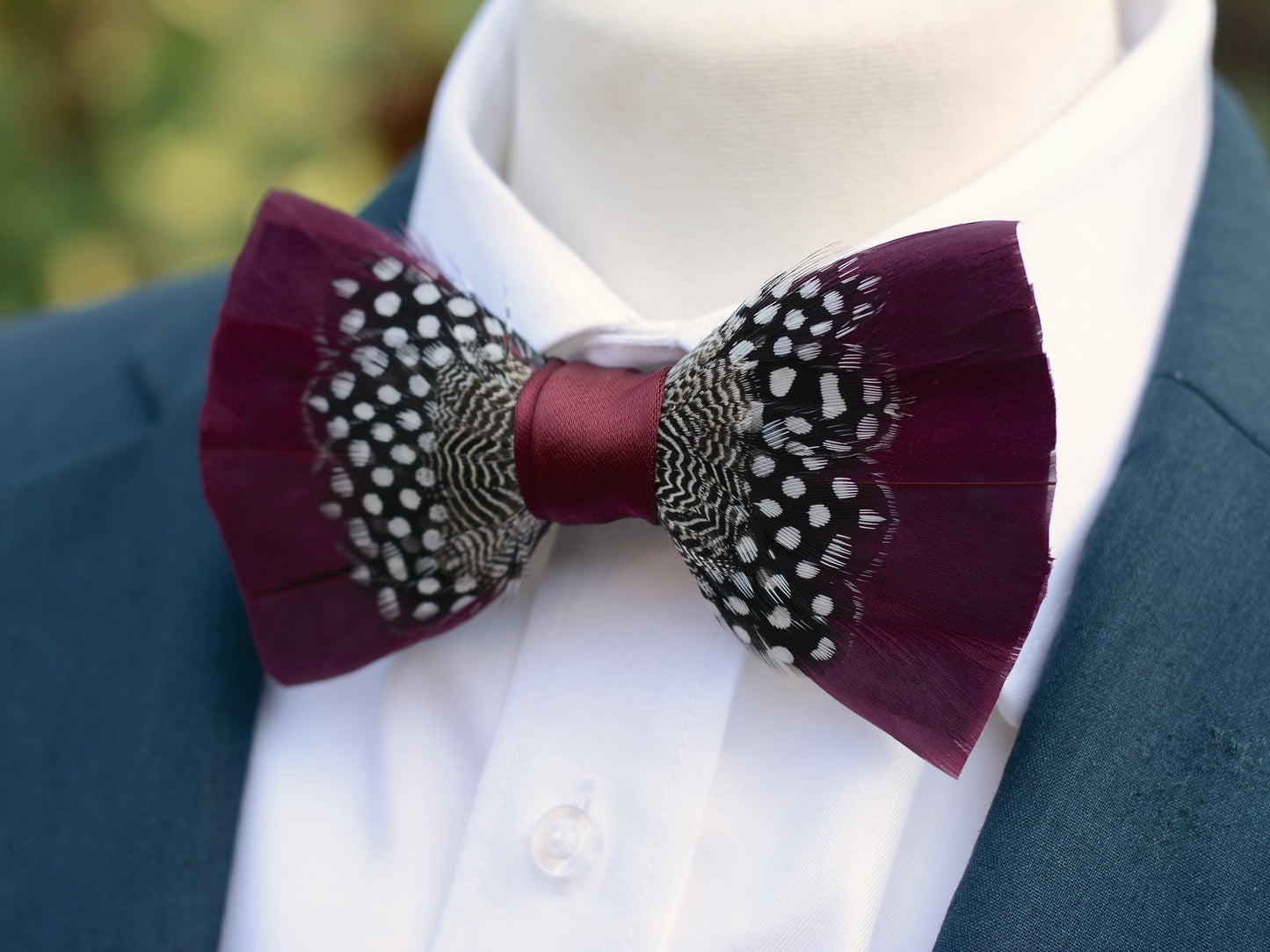 Feather Bow Tie in Burgundy and Polka Dot | Grooms Outfit | Feather Neck Tie | Mens Gift | Black Tie | Wedding | Pheasant Feather Bow Tie