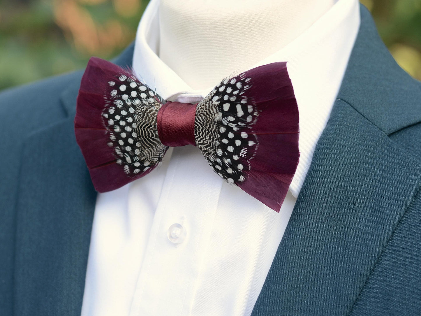 Feather Bow Tie in Burgundy and Polka Dot | Grooms Outfit | Feather Neck Tie | Mens Gift | Black Tie | Wedding | Pheasant Feather Bow Tie