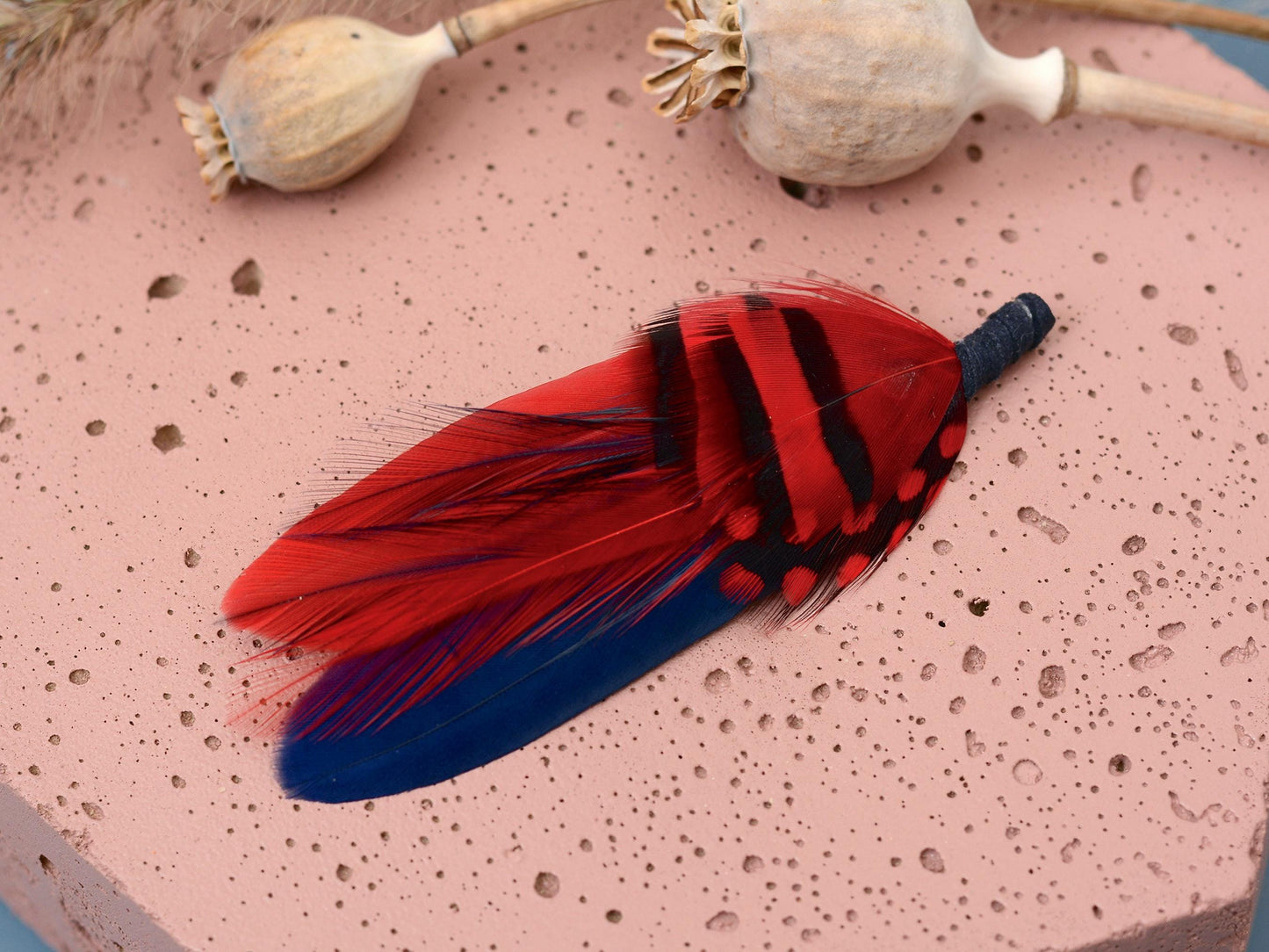 Navy Blue and Red Feather Boutonniere | Duck Feather Pin | Feather Hat Pin