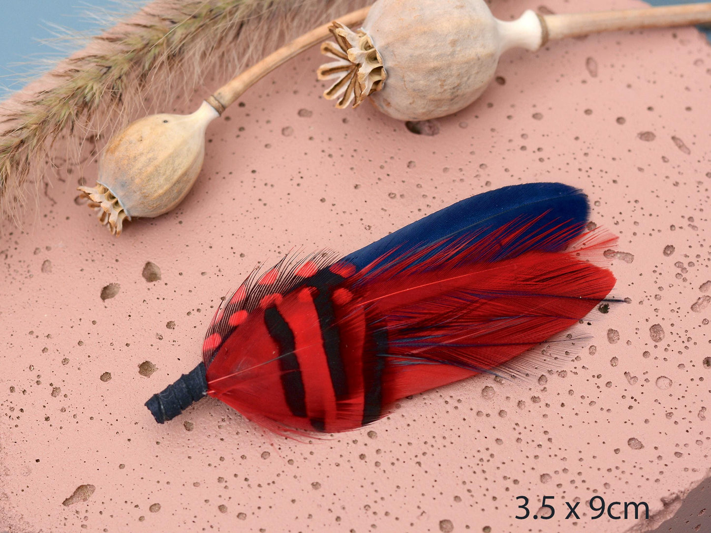 Navy Blue and Red Feather Boutonniere | Duck Feather Pin | Feather Hat Pin