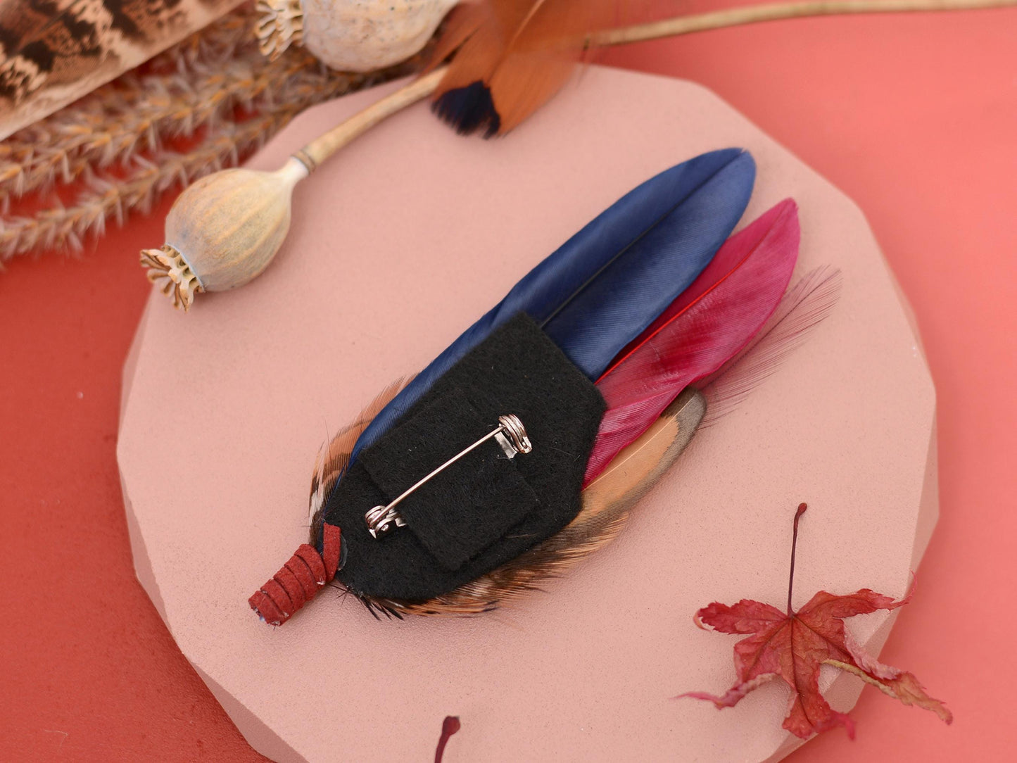 Navy and Burgundy Feather Boutonniere / Hat Pin | Duck Feather Boutonniere | Pheasant Feather Hat Pin
