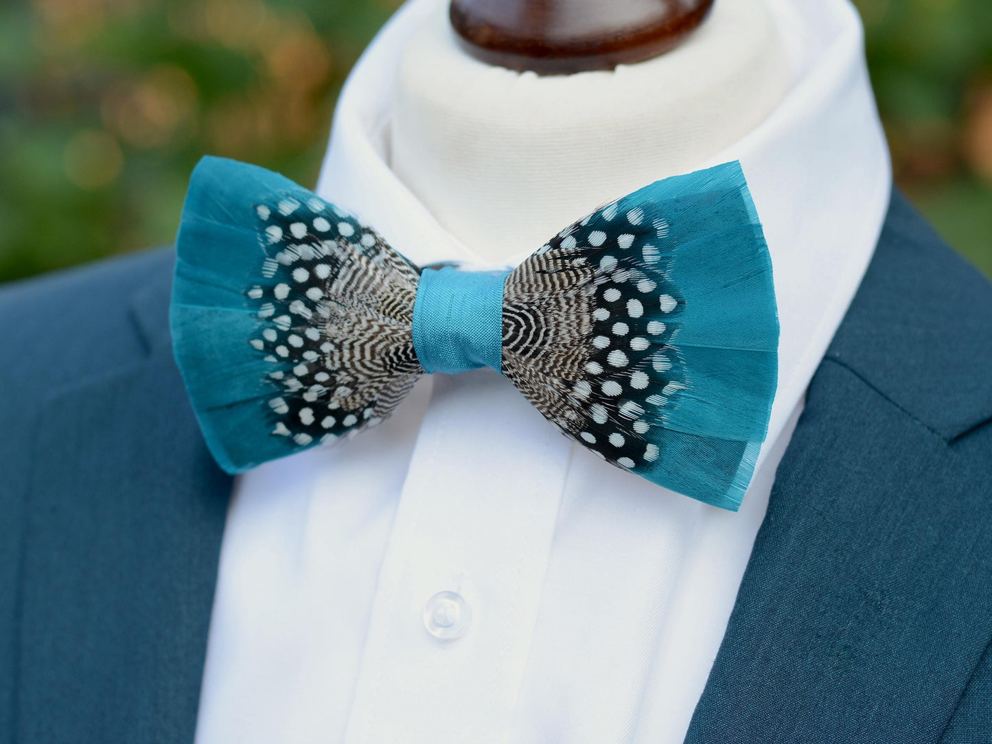 Feather Bow Tie in Teal Blue and Polka Dot | Grooms Outfit | Feather Neck Tie | Mens Gift | Black Tie | Wedding | Pheasant Feather Bow Tie