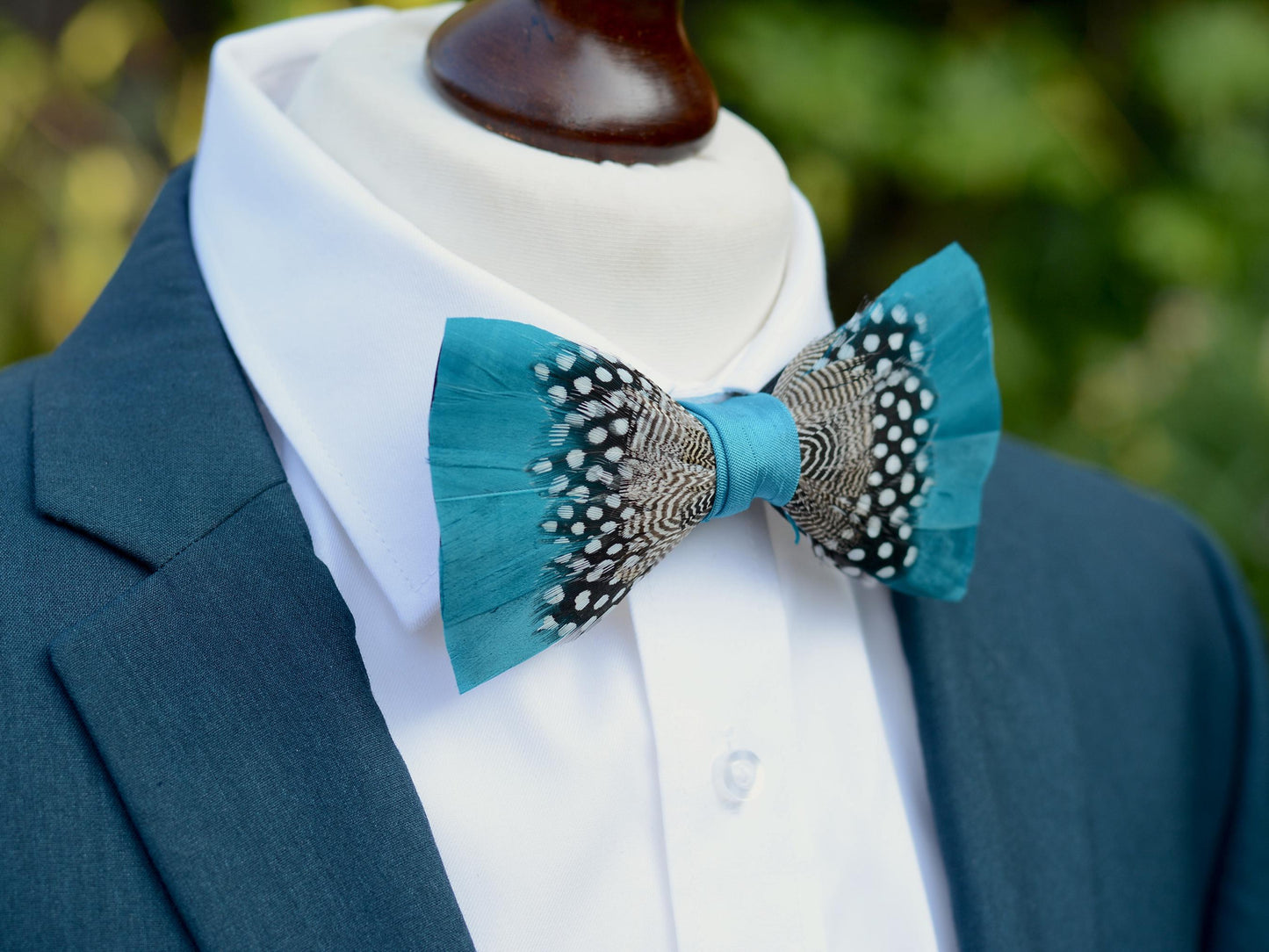 Feather Bow Tie in Teal Blue and Polka Dot | Grooms Outfit | Feather Neck Tie | Mens Gift | Black Tie | Wedding | Pheasant Feather Bow Tie