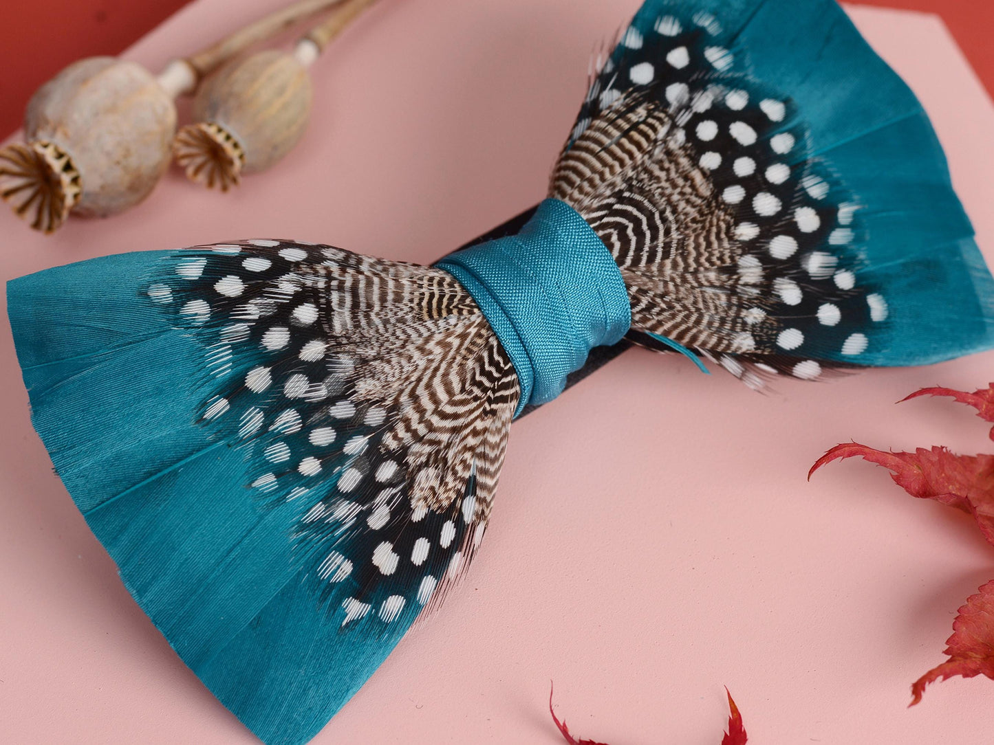 Feather Bow Tie in Teal Blue and Polka Dot | Grooms Outfit | Feather Neck Tie | Mens Gift | Black Tie | Wedding | Pheasant Feather Bow Tie