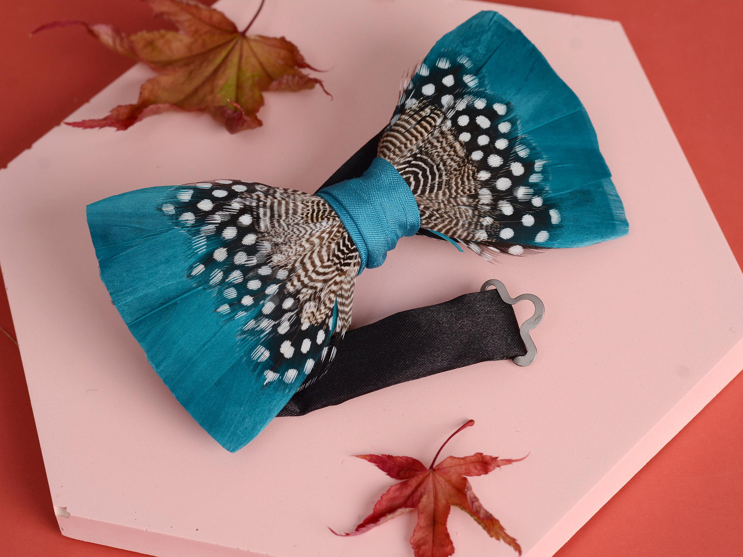 Feather Bow Tie in Teal Blue and Polka Dot | Grooms Outfit | Feather Neck Tie | Mens Gift | Black Tie | Wedding | Pheasant Feather Bow Tie