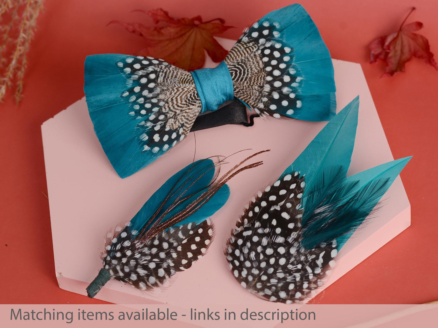 Feather Bow Tie in Teal Blue and Polka Dot | Grooms Outfit | Feather Neck Tie | Mens Gift | Black Tie | Wedding | Pheasant Feather Bow Tie