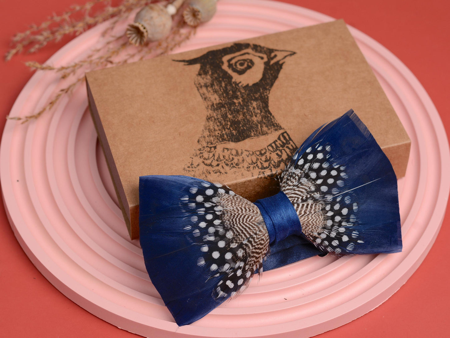 Feather Bow Tie in Navy Blue and Polka Dot | Grooms Outfit | Feather Neck Tie | Mens Gift | Black Tie | Wedding | Pheasant Feather Bow Tie