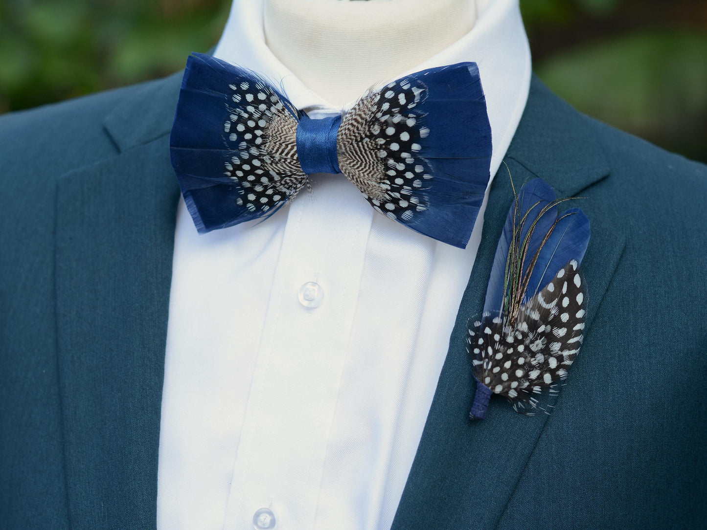 Feather Bow Tie in Navy Blue and Polka Dot | Grooms Outfit | Feather Neck Tie | Mens Gift | Black Tie | Wedding | Pheasant Feather Bow Tie