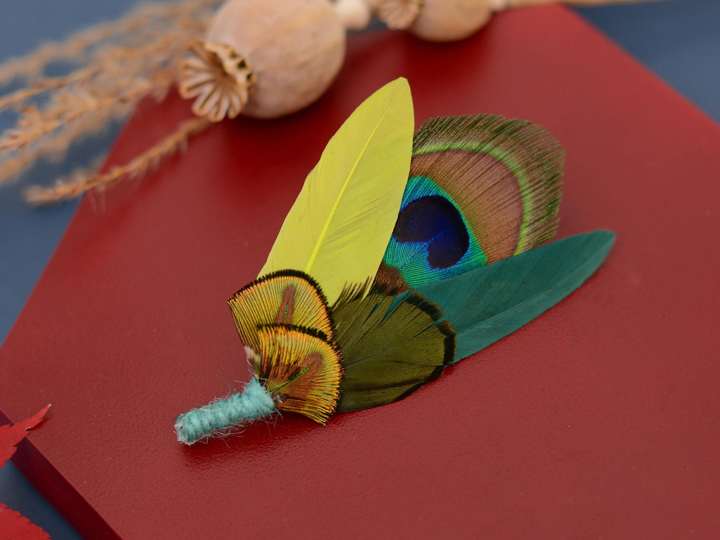 Teal and Peacock and Pheasant Feather Boutonniere Pin | Peacock Feather Brooch