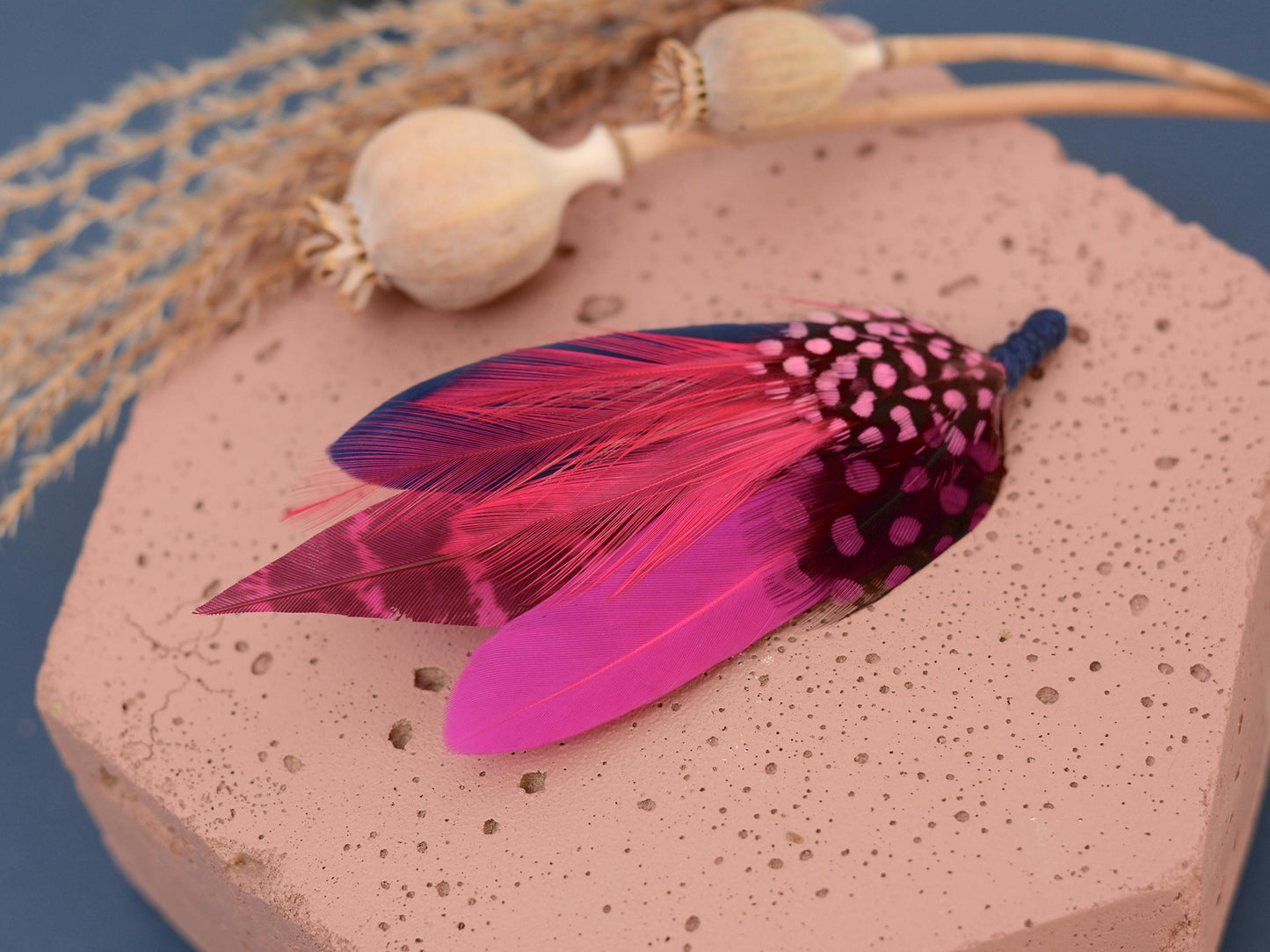Hot Pink and Navy Blue Feather Lapel Pin | Pheasant Feather Boutonniere | Feather Brooch | Feather Hat Pin
