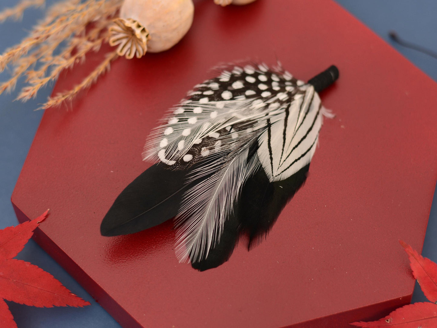Monochrome Feather Boutonniere | Pheasant Feather Brooch | Feather Hat Pin