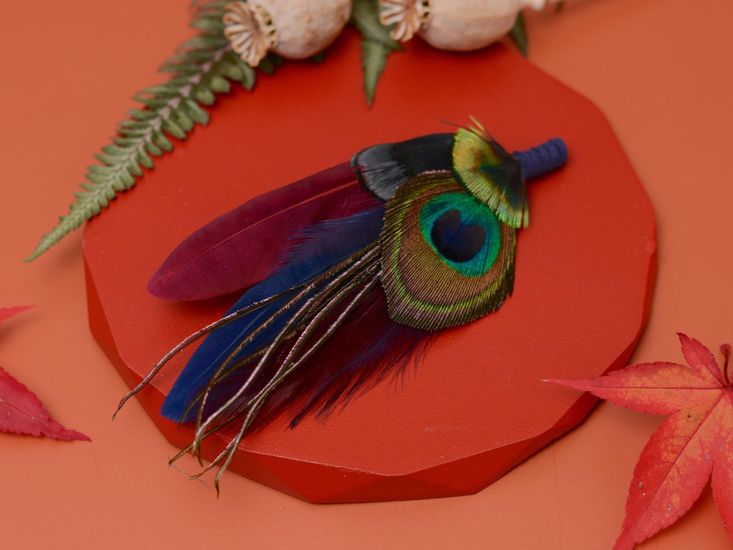 Burgundy and Navy Peacock Feather Boutonniere Pin / Hat Pin