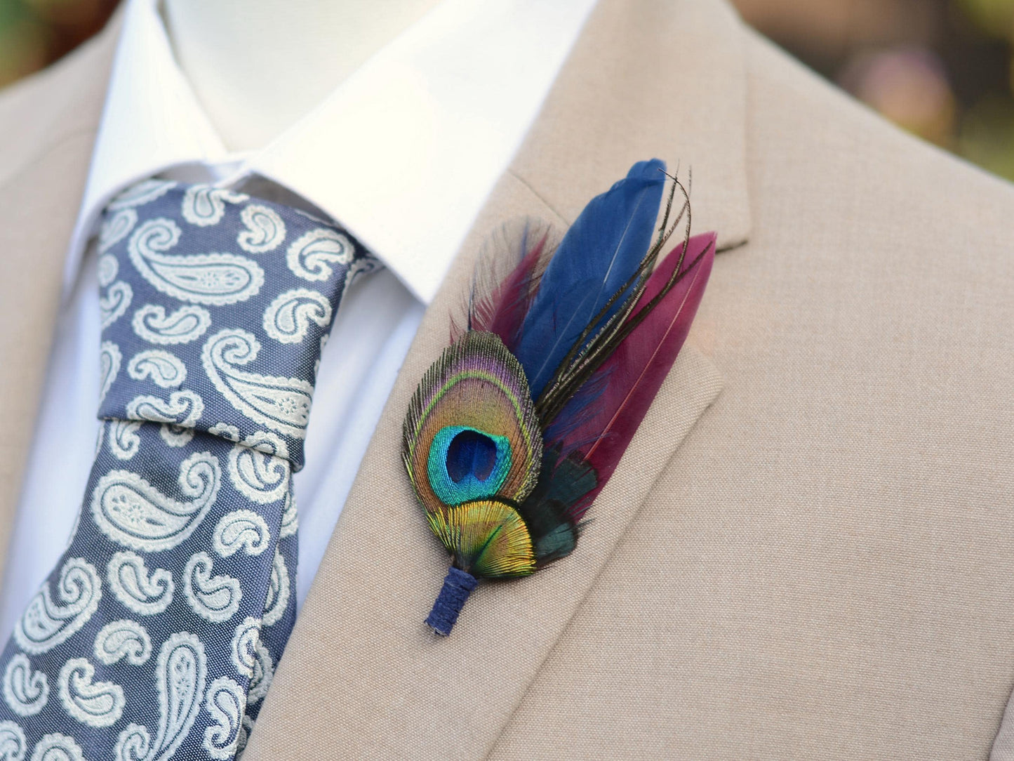 Burgundy and Navy Peacock Feather Boutonniere Pin / Hat Pin