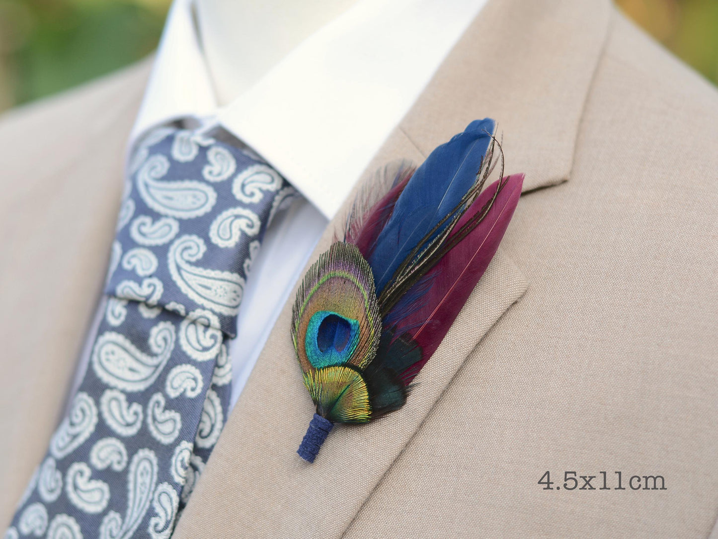 Burgundy and Navy Peacock Feather Boutonniere Pin / Hat Pin
