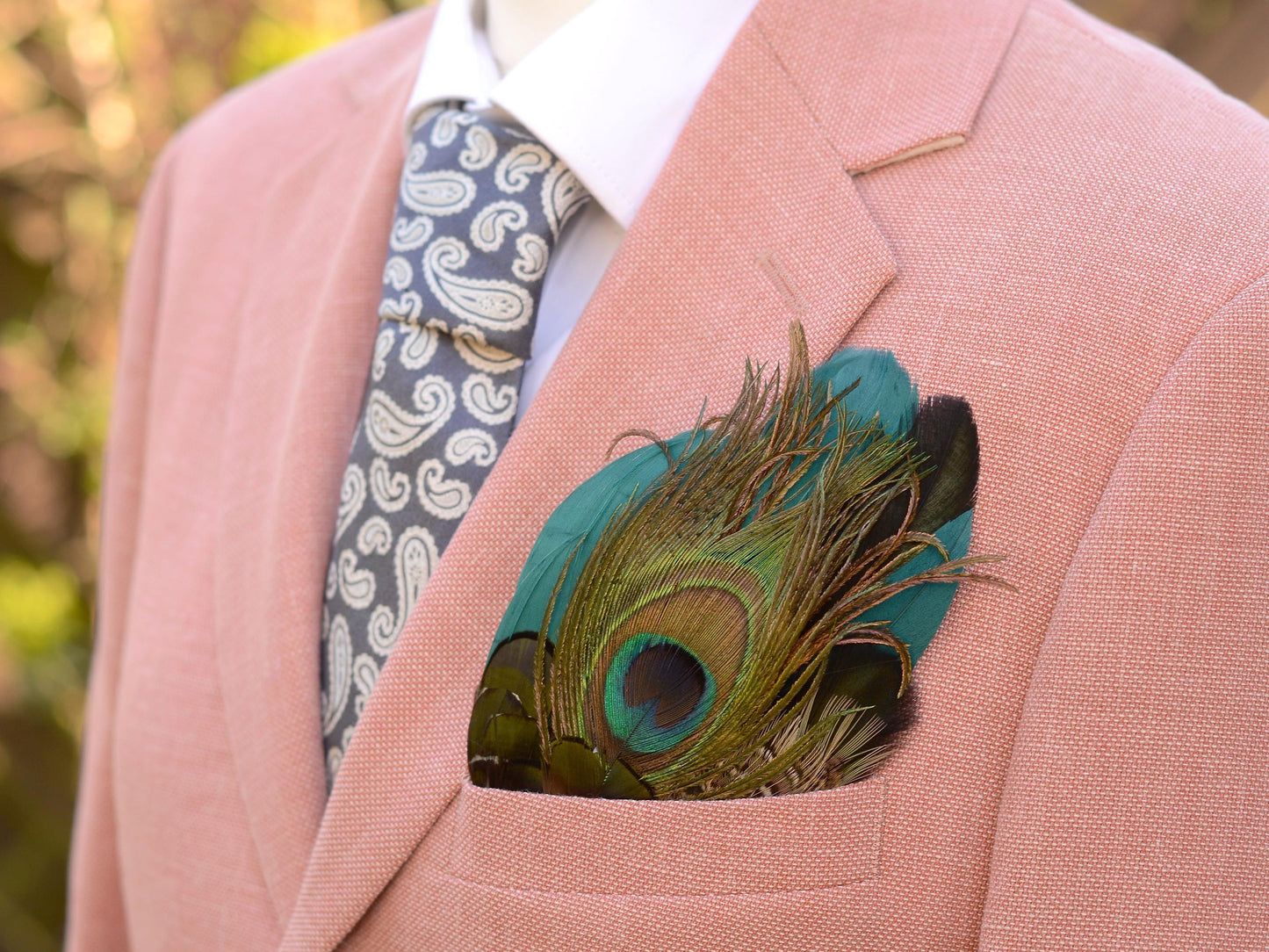 Peacock Feather Pocket Square in Teal and Deep Green No.194 | Suit Accessory | Feather Neck Tie | Grooms Outfit | Groomsmen Gift