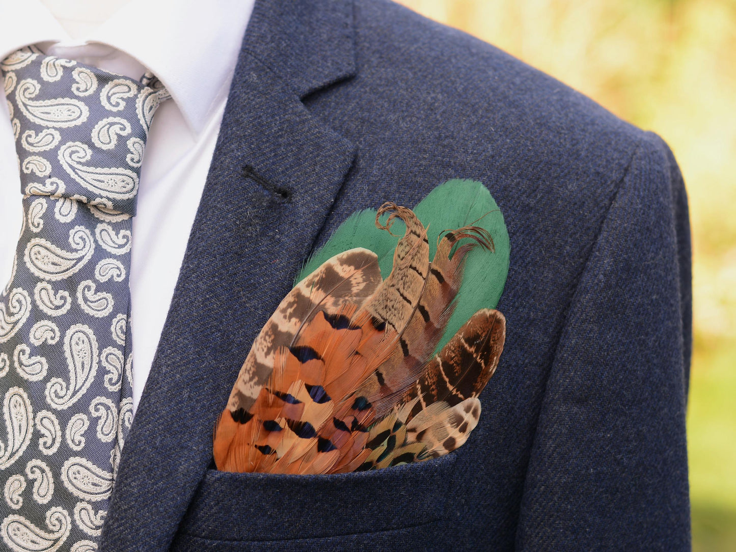 Green and Copper Pheasant Feather Pocket Square No.197 | Suit Accessory | Feather Neck Tie | Grooms Outfit | Groomsmen Gift