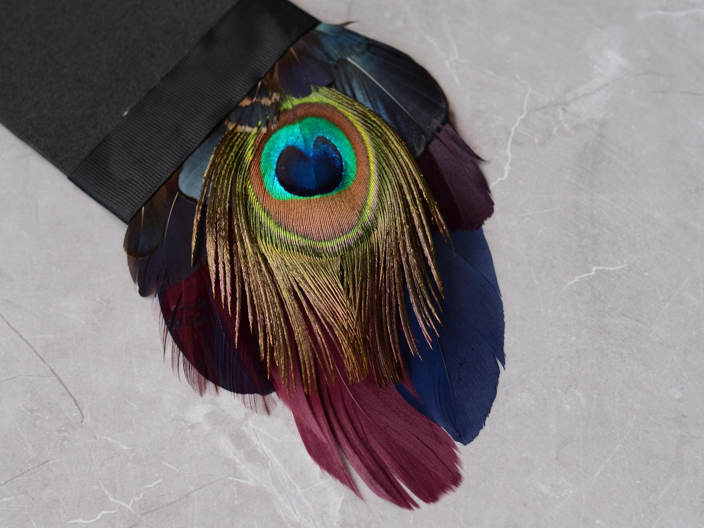 Plum, Navy and Peacock Feather Pocket Square No.180 | Suit Accessory | Feather Neck Tie | Grooms Outfit | Groomsmen | Wedding