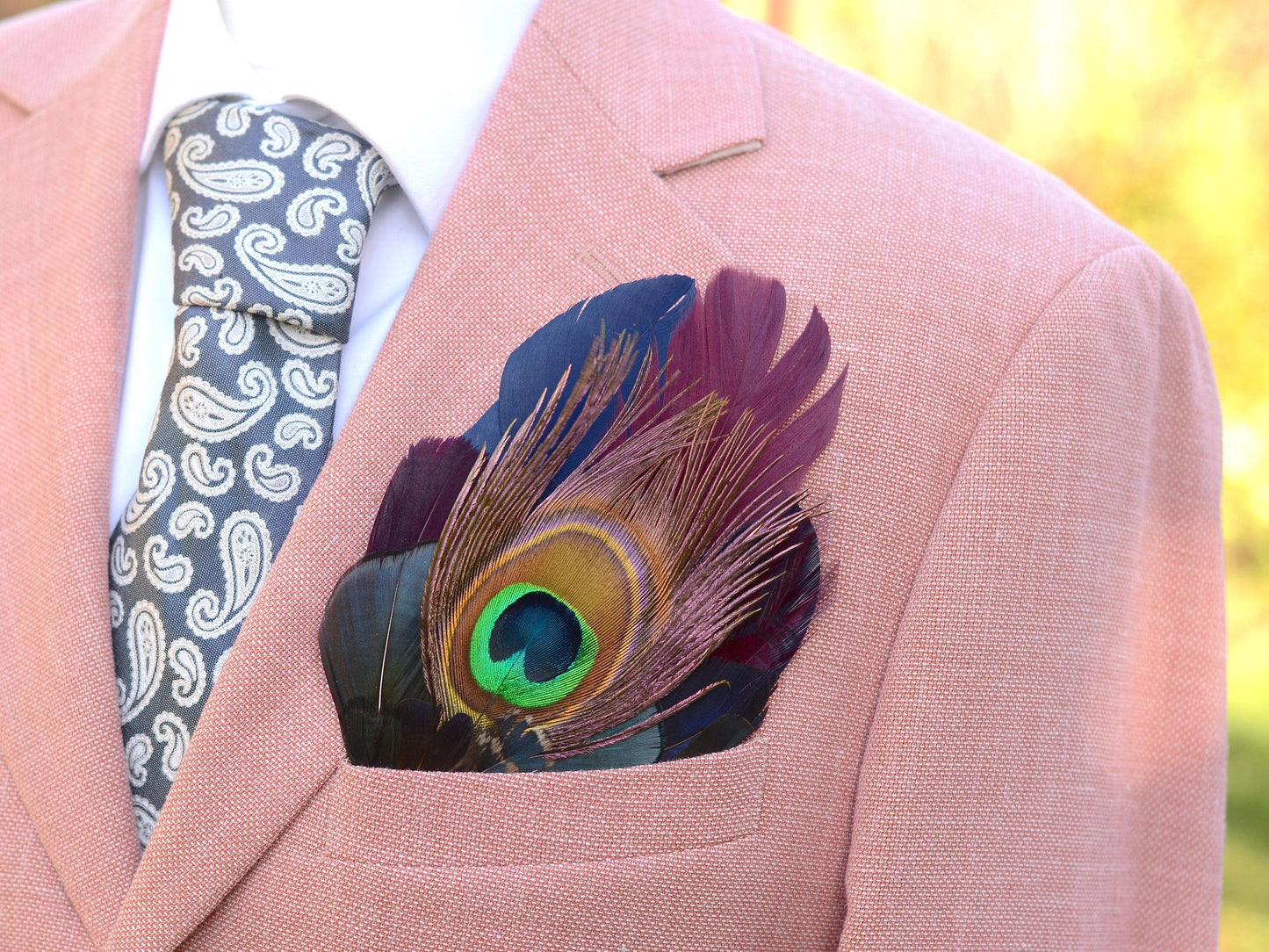 Plum, Navy and Peacock Feather Pocket Square No.180 | Suit Accessory | Feather Neck Tie | Grooms Outfit | Groomsmen | Wedding