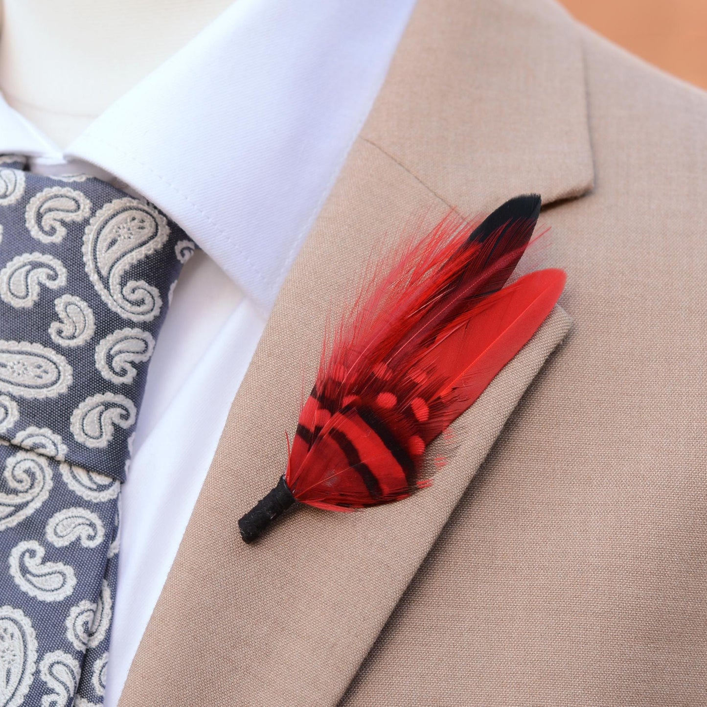 Black and Red Feather Lapel Pin | Duck Feather Boutonniere | Pheasant Feather Brooch | Feather Hat Pin