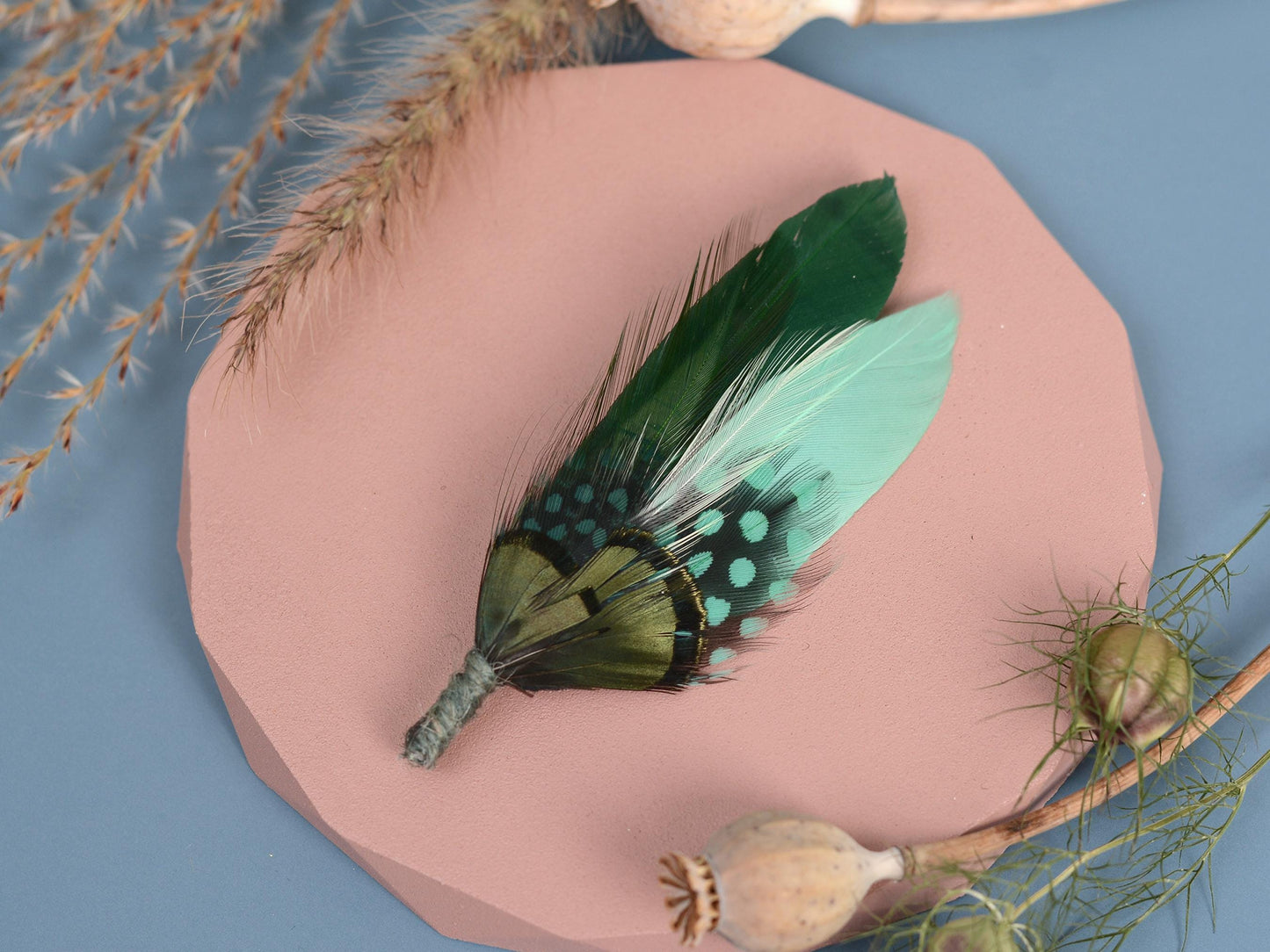 Shades of Green Feather Pin | Duck Feather Boutonniere | Pheasant Feather Brooch | Feather Hat Pin
