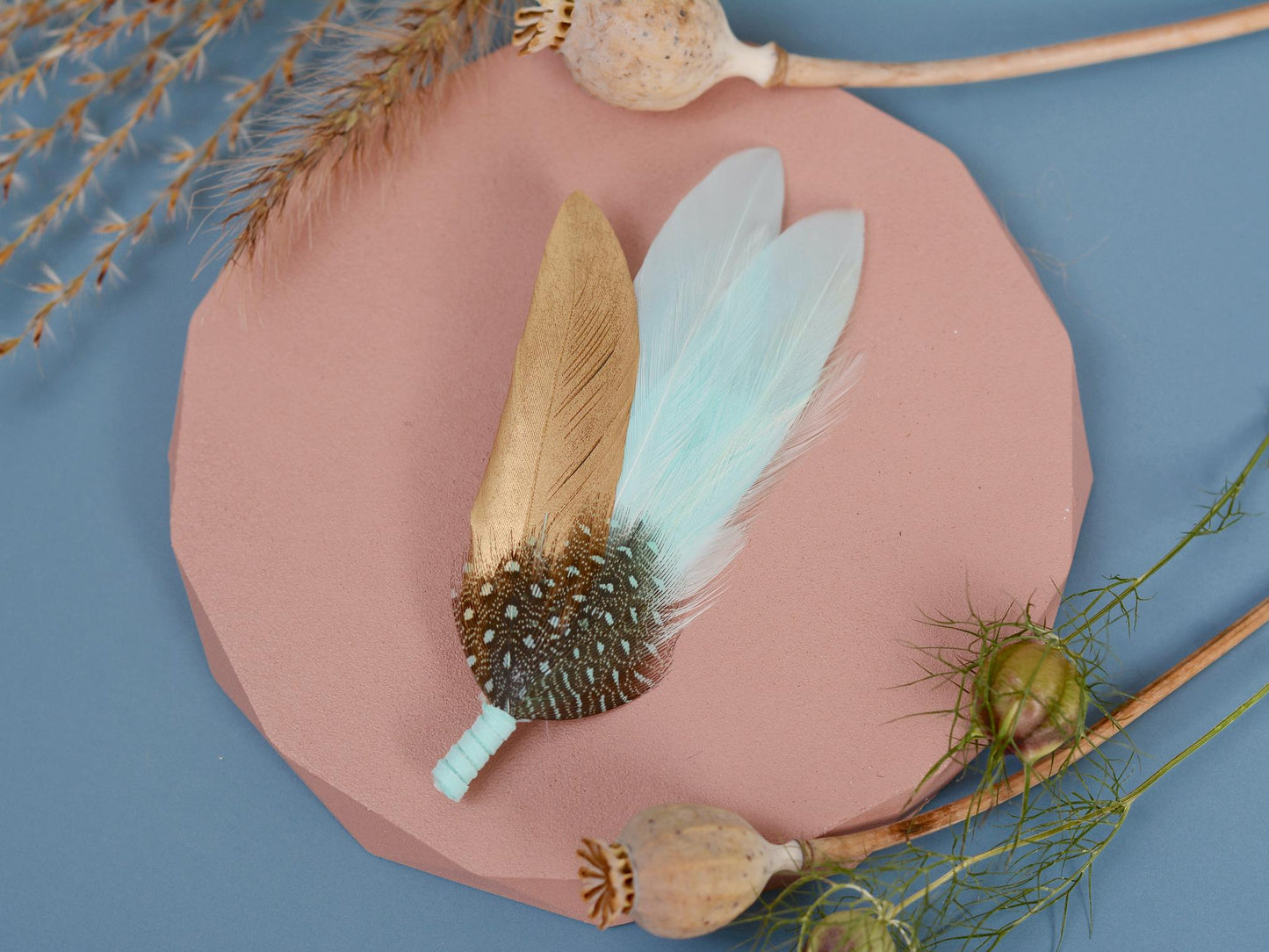 Feather Brooch Pin in Gold and Mint Green | Duck Feather Boutonniere | Feather Hat Pin