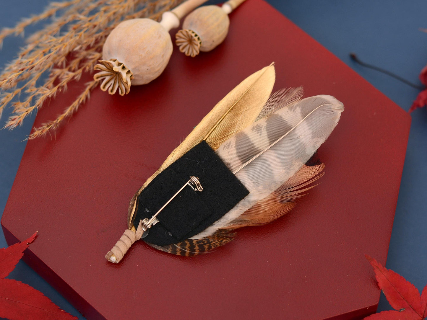 Gold and Pheasant Feather Pin | Pheasant Feather Boutonniere | Feather Brooch | Feather Hat Pin