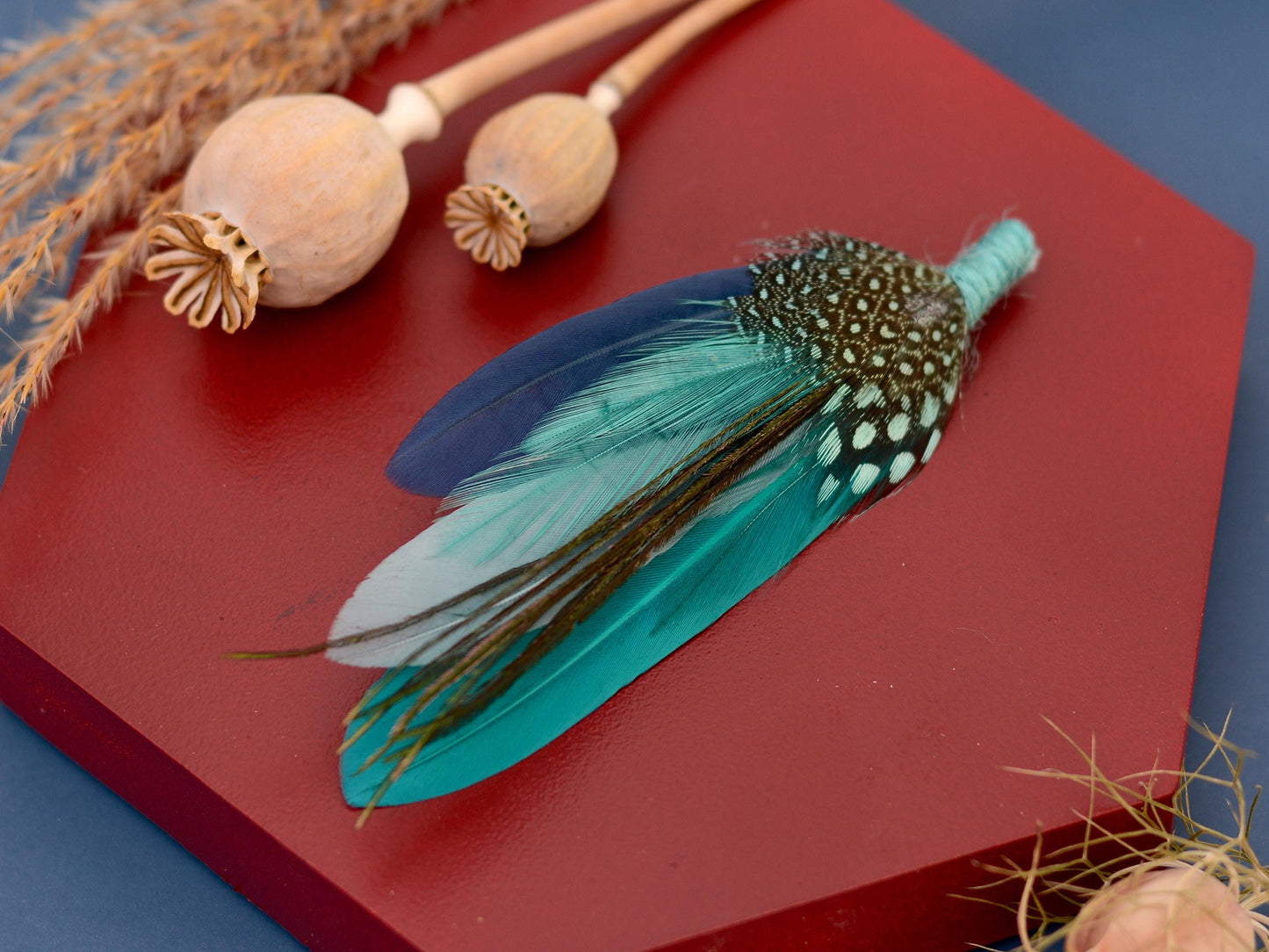 Ombre Teal, Turquoise and Navy Duck Feather Lapel Pin | Duck Feather Boutonniere | Feather Hat Pin