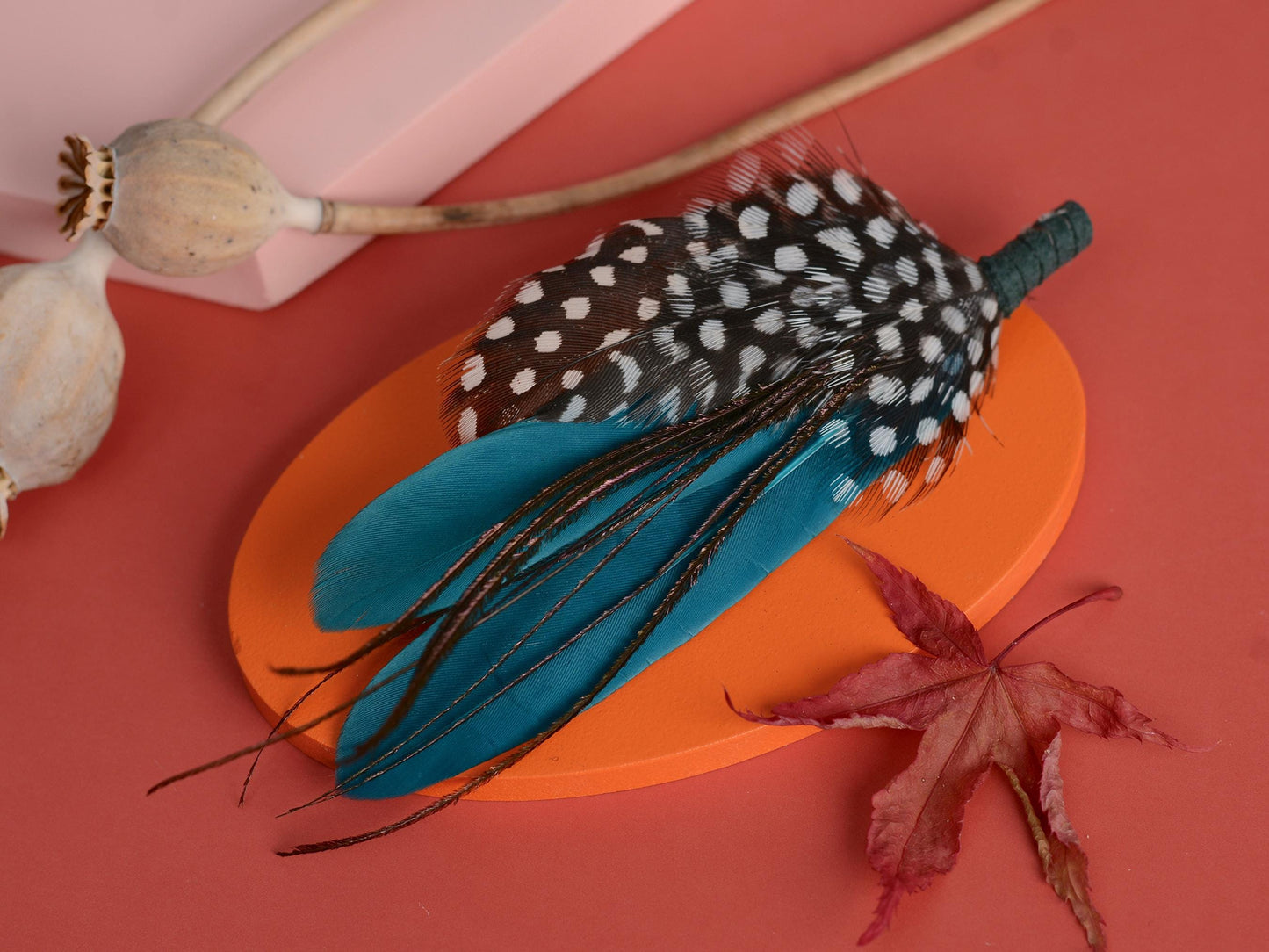 Teal and Polka dot Feather Boutonniere Pin | Feather Brooch | Feather Hat Pin | Feather Corsage
