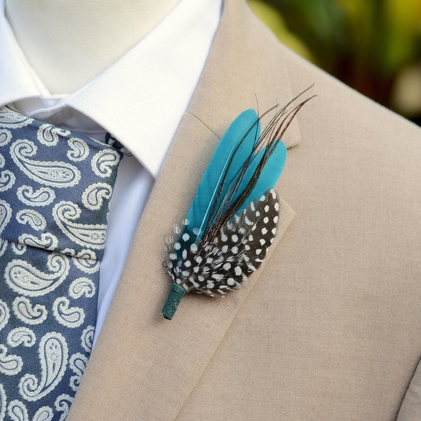 Teal and Polka dot Feather Boutonniere Pin | Feather Brooch | Feather Hat Pin | Feather Corsage