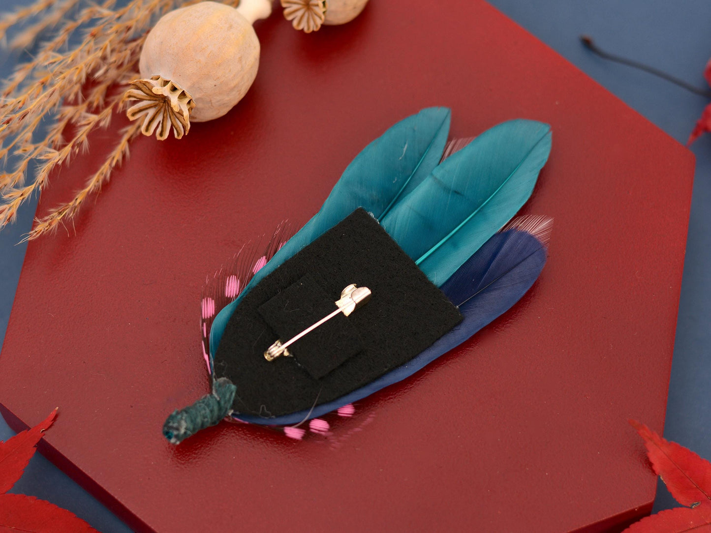 Teal, Pink and Navy Feather Lapel Pin | Pheasant Feather Boutonniere | Feather Brooch | Feather Hat Pin