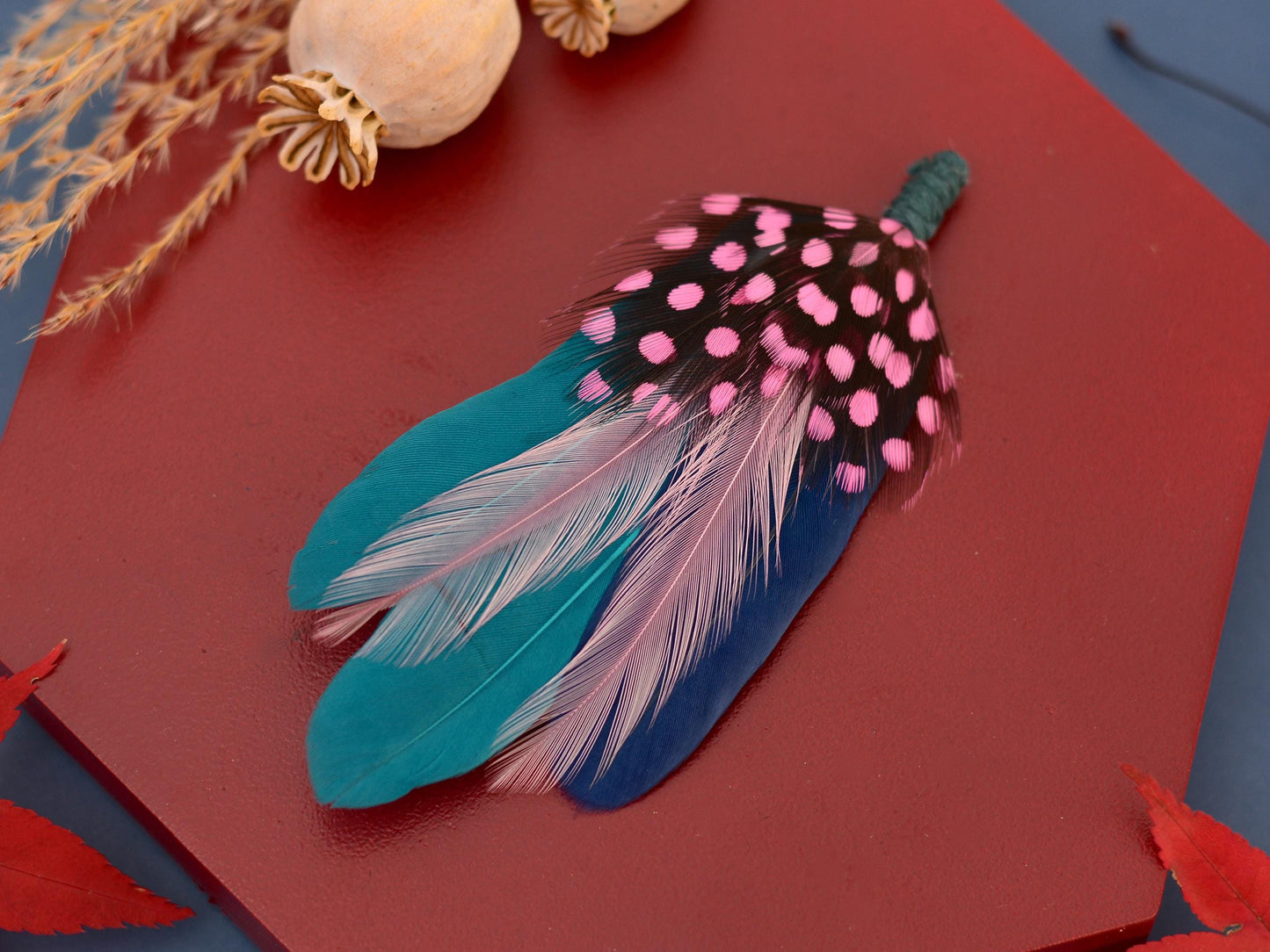 Teal, Pink and Navy Feather Lapel Pin | Pheasant Feather Boutonniere | Feather Brooch | Feather Hat Pin