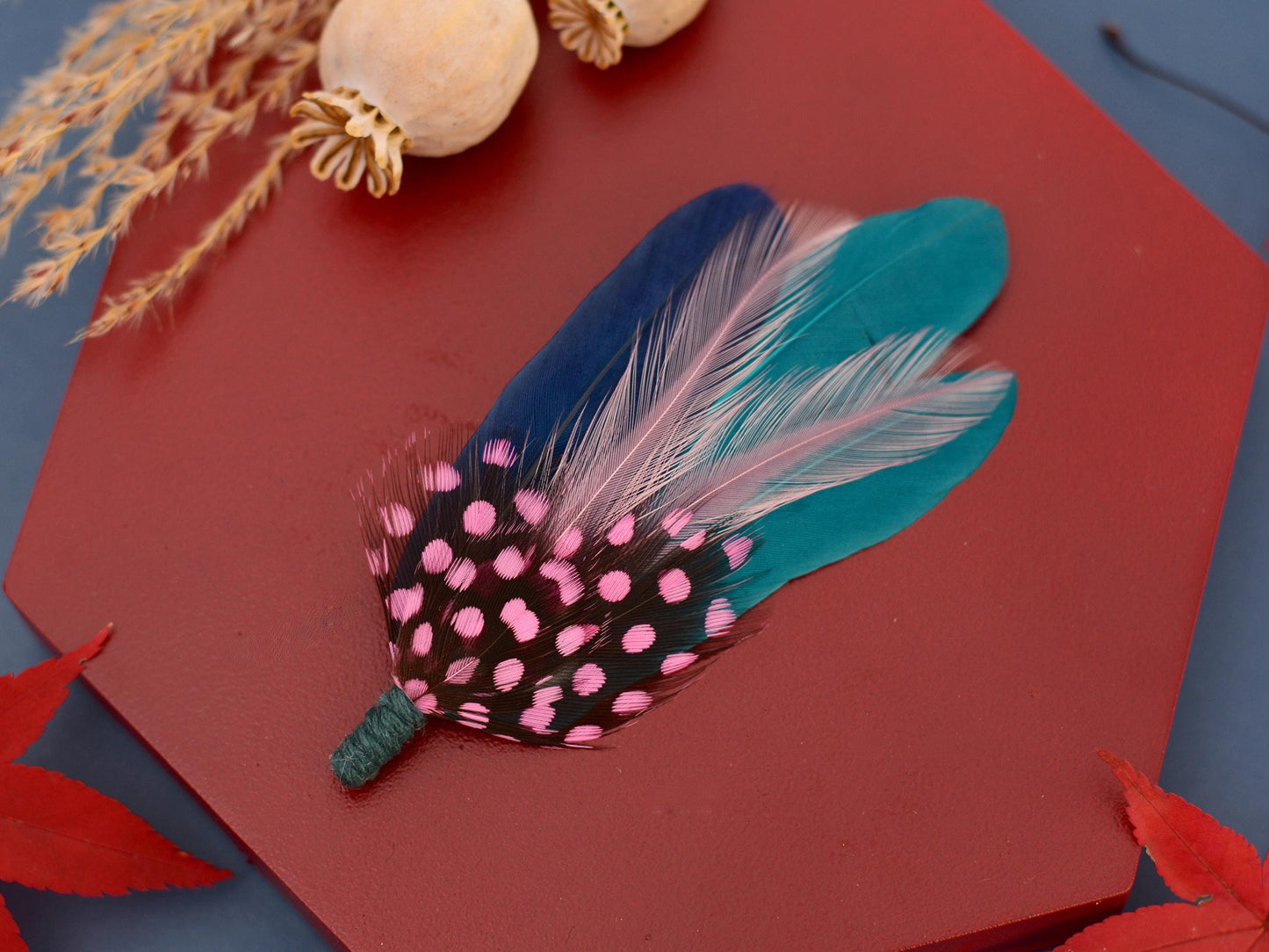 Teal, Pink and Navy Feather Lapel Pin | Pheasant Feather Boutonniere | Feather Brooch | Feather Hat Pin