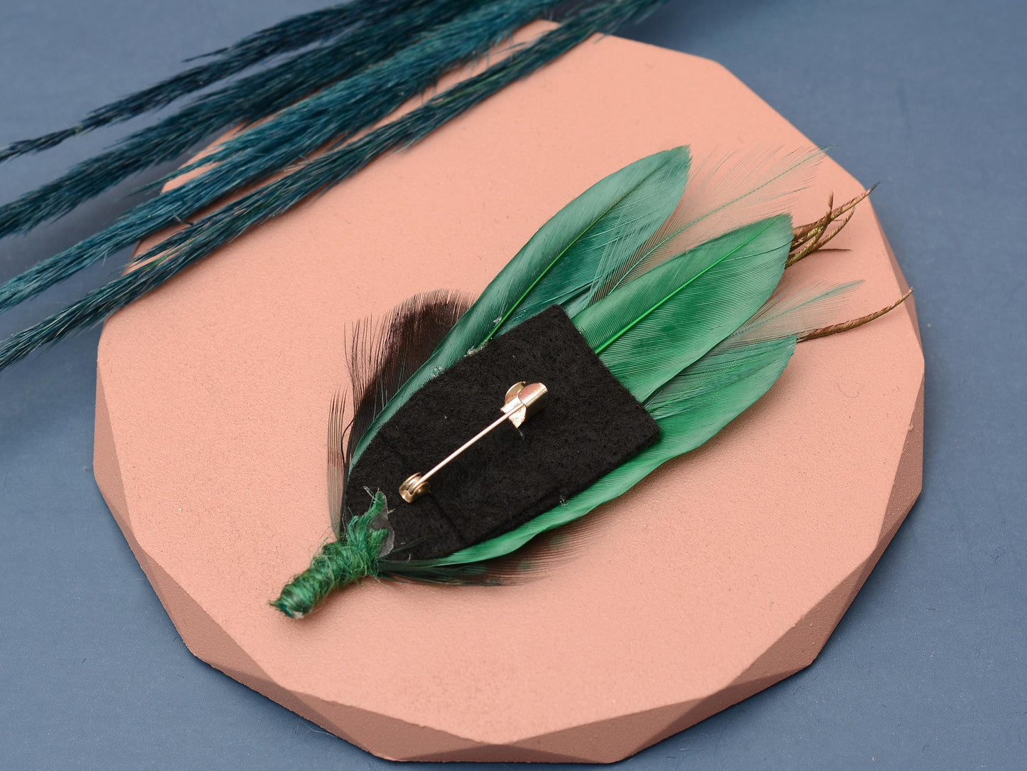 Shades of Green Feather Brooch Pin | Duck Feather Boutonniere | Green Feather Hat Pin | Feather Lapel Pin